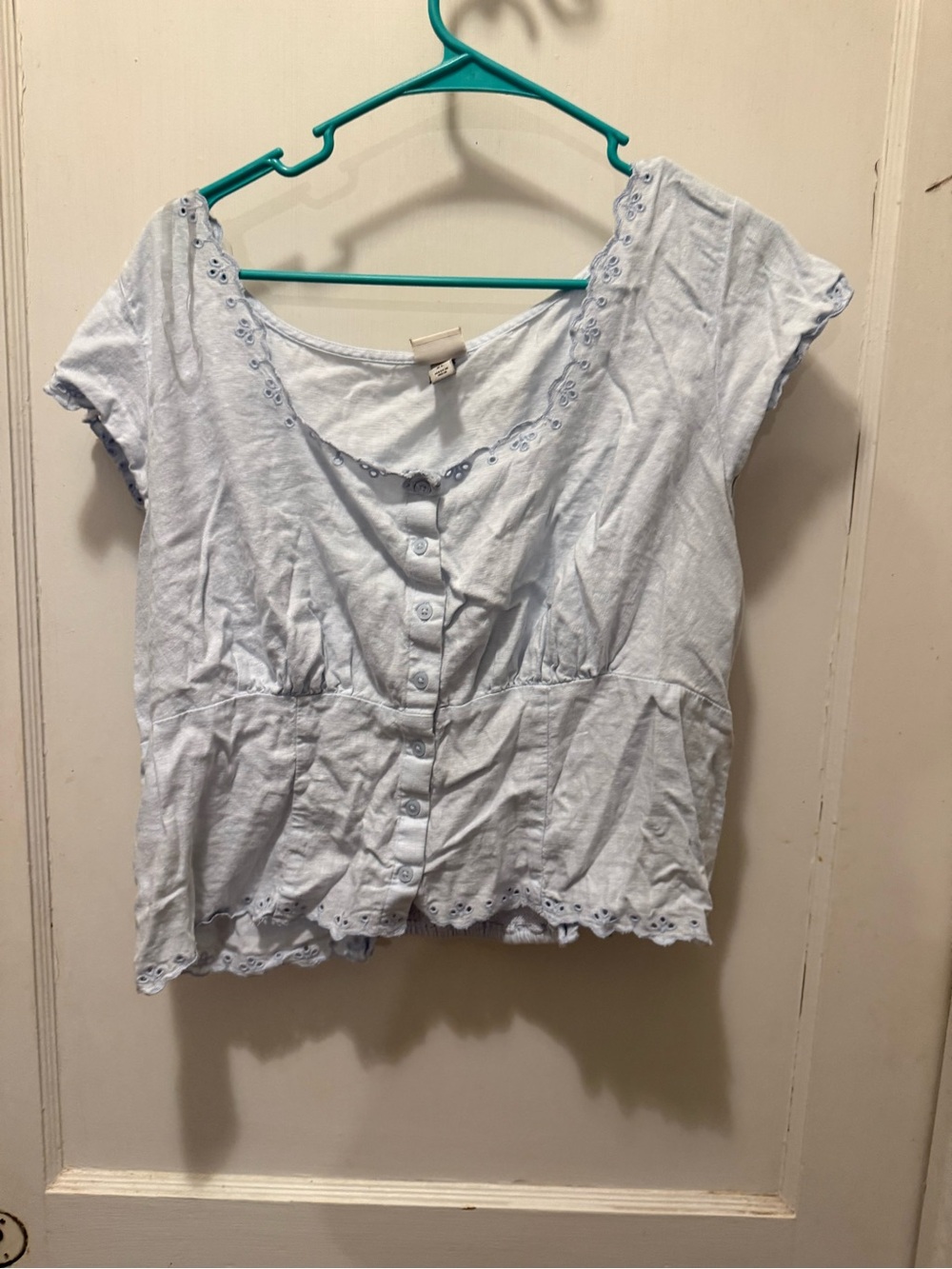 a new day Light Blue Eyelet Trim Button-Front Crop Top